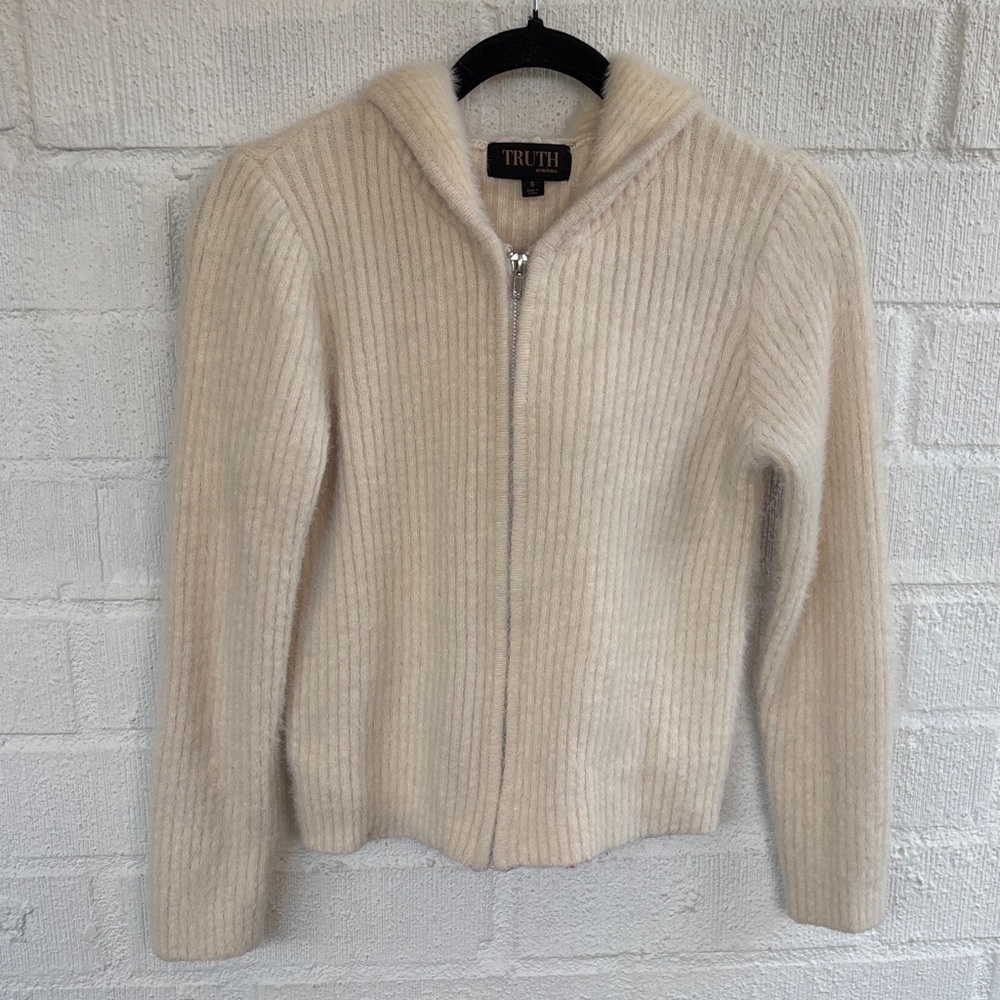 Truth By Republic Cream Fuzzy Hooded Zip Cardigan sz S